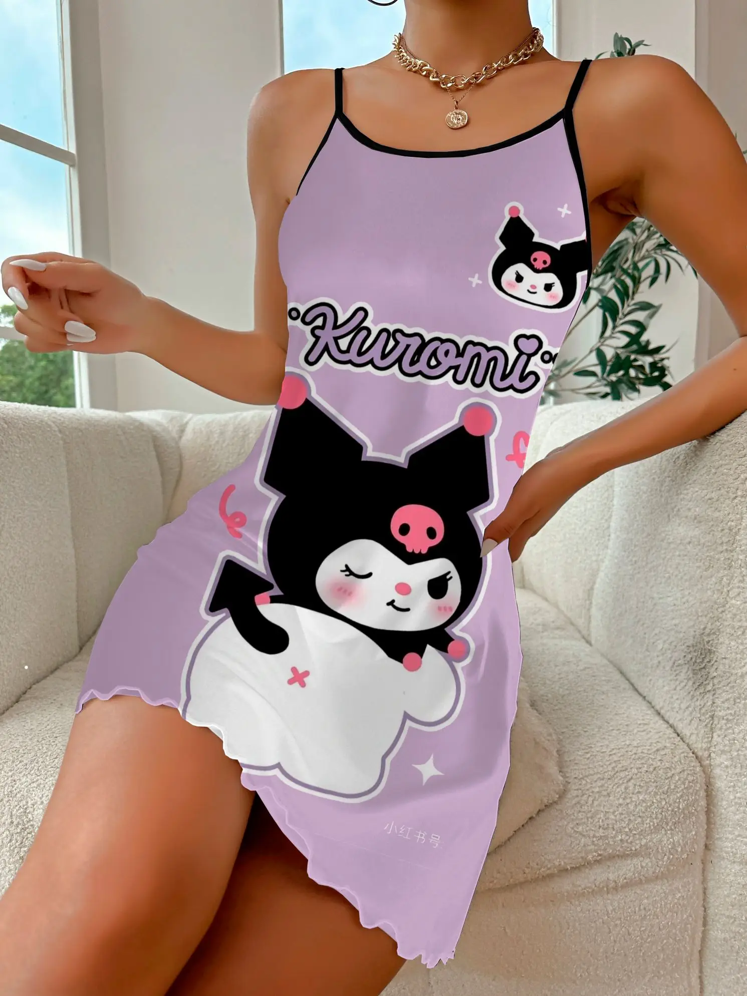 

Kuromi Mini Dress Disney Pajama Skirt Crew Neck Sexy Dresses Summer Clothes Lettuce Trim Fashion 2024 Women's Elegant Chic Trim