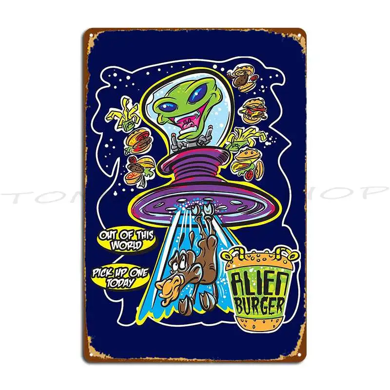 Alien Cow Abduction Hamburger Meal Metal Plaque Wall Pub Club Pub Mural Vintage Create Tin Sign Poster