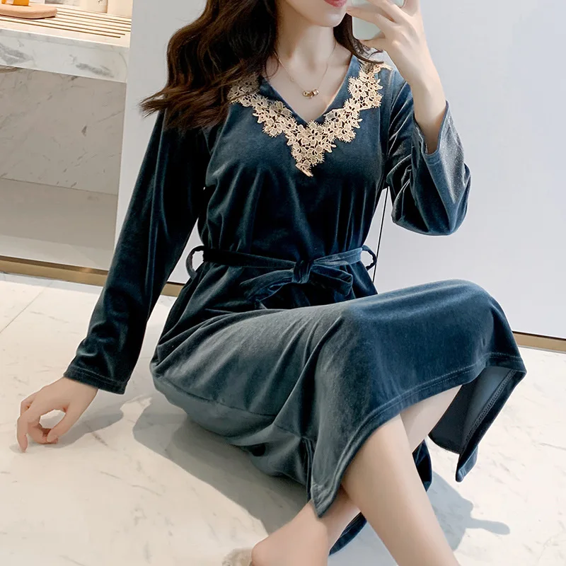 Winter Autumn Home Dressing Gown Nightdress for Women Warm Nightgown Sexy Velvet Sleepwear Loose Sleepwear Long Sleeve Bathrobe