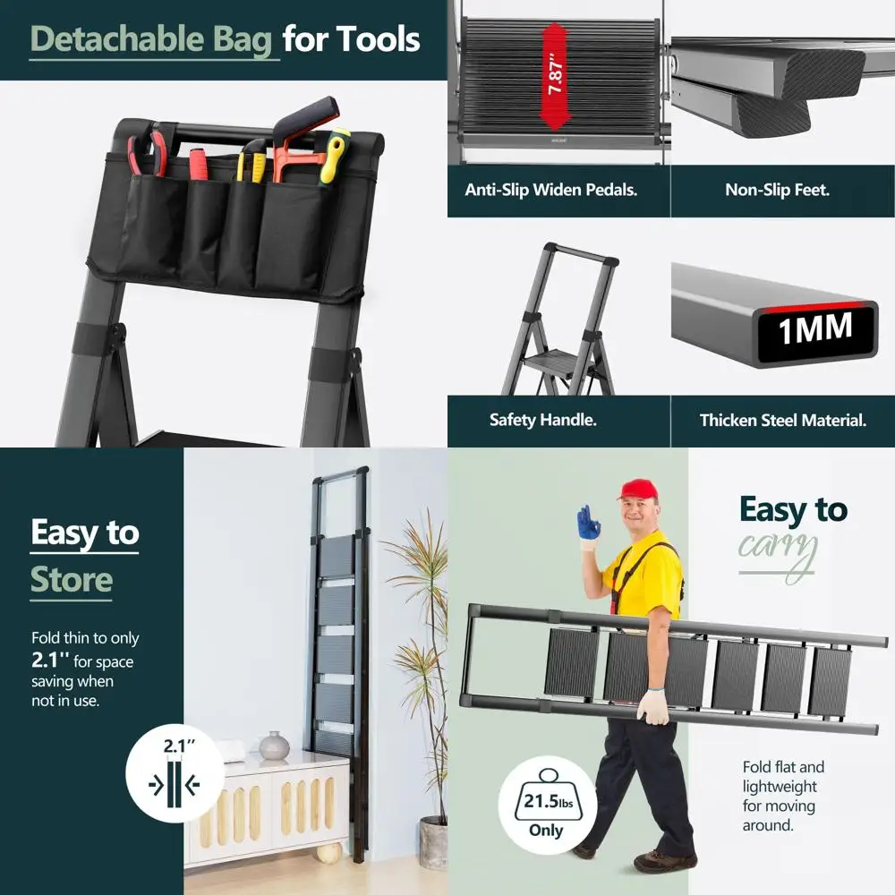 

12-Foot Lightweight Foldable Ladder with Non-Slip Treads, Safe Handrail, Ideal for Home and Outdoor Use, 300lbs Capacity - Black