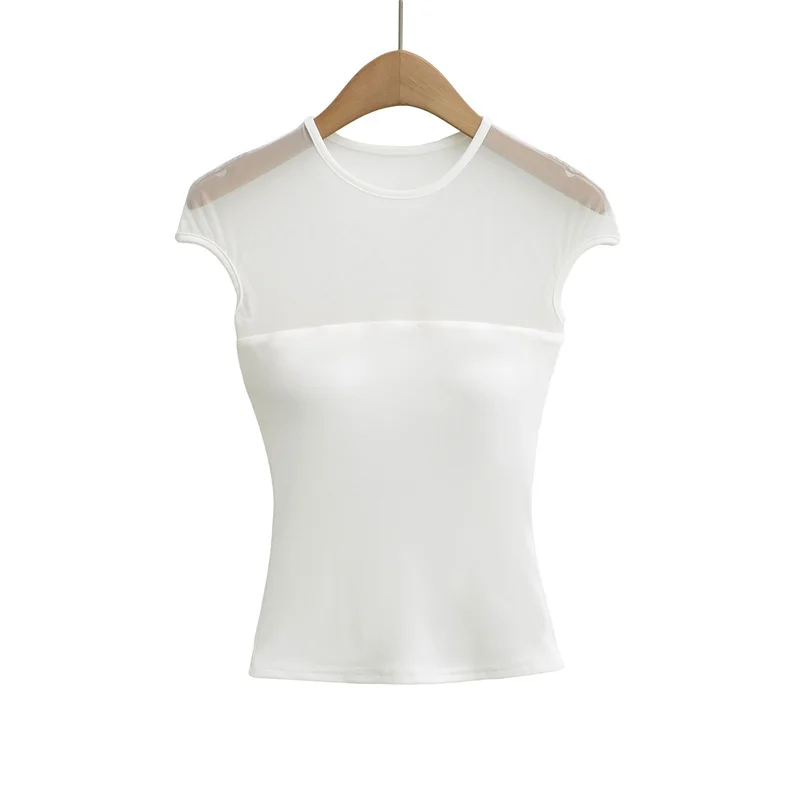 Summer Me Fabric T-shirt Dames ort Sve Afneembaar borstkussen Ontwerp Splicing Ultra ort Sve Top Pendelen Sle Sli...