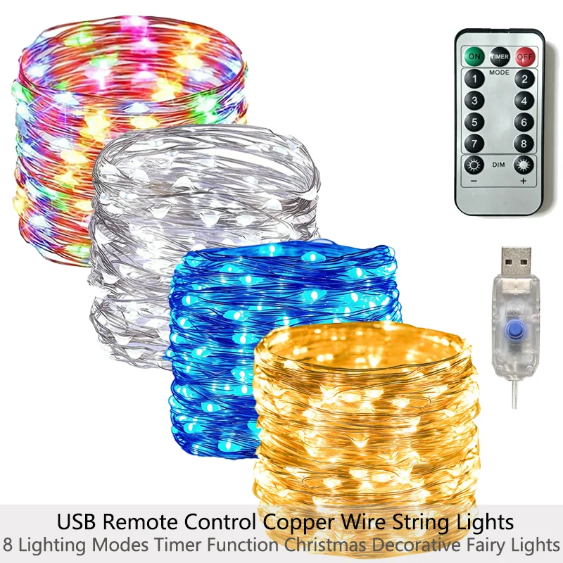 USB LED Fairy String Light 4 Colors Optional Remote Control 8 Modes Dimmable Copper Wire Light for Christmas Wedding Party Decor