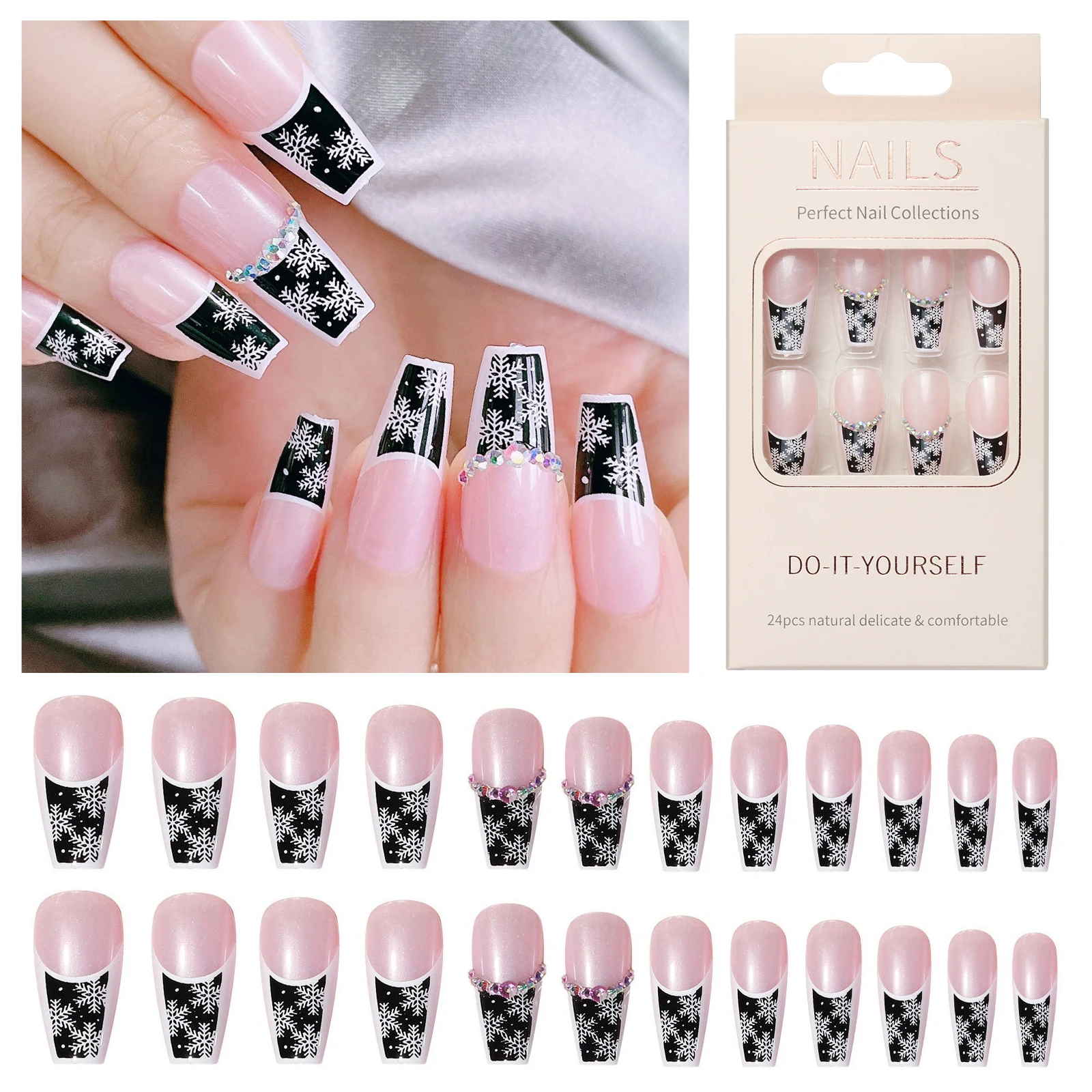 24 قطعة/صندوق أظافر صناعية على شكل ندفة الثلج مرصعة بالألماس سهلة الارتداء وسهلة الإزالة دون الإضرار للأظافر مناسبة لأظافر الشتاء بنفسك #2