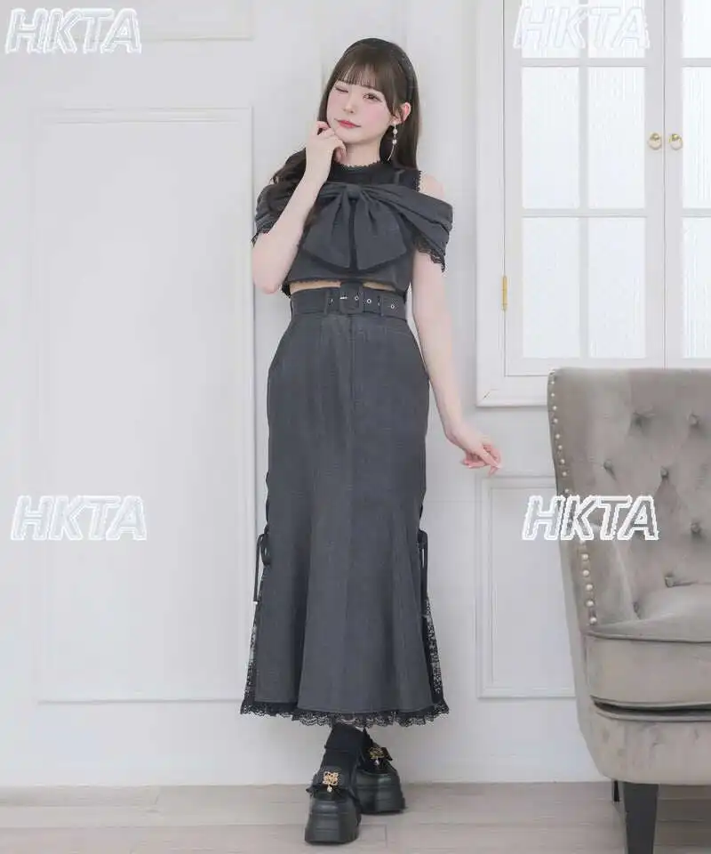 Japanese Mass Produced Daily Commuter Lace Splicing Fishtail Skirts Sweet Bow Off Shoulder Short Top Autumn Lolita Suits Women
