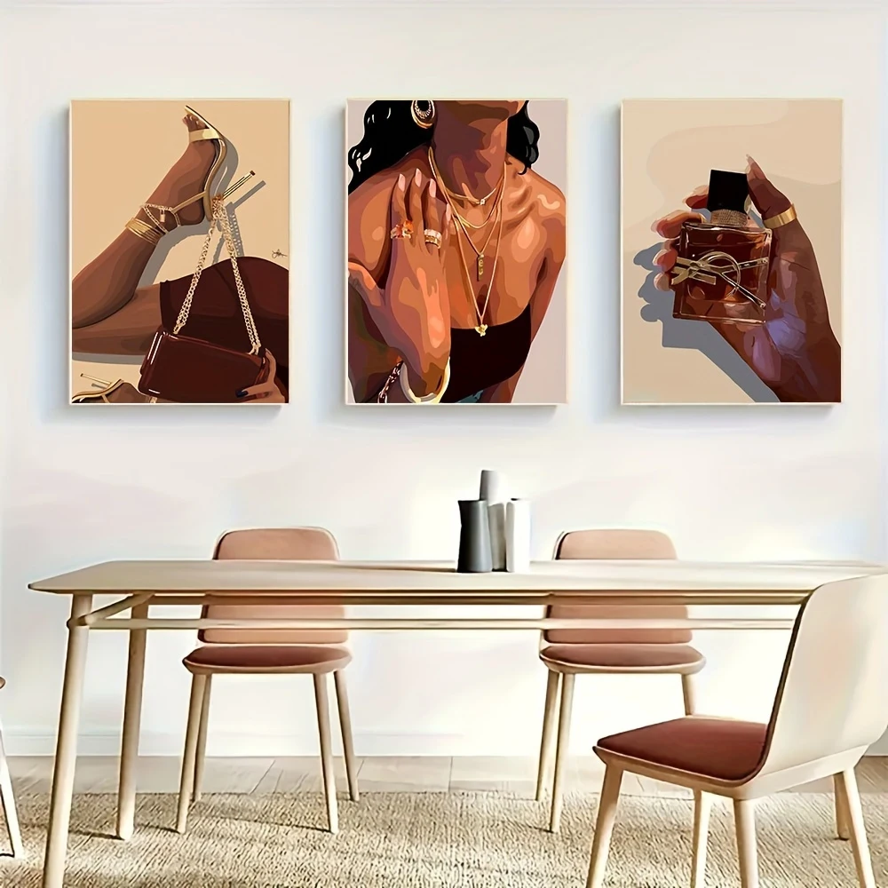 frameless Canvas Painting 3PCS/Sets Black Girls Art Posters Canvas Painting Fashion Bag Jewelry Perfume Pictures and Prints Wal