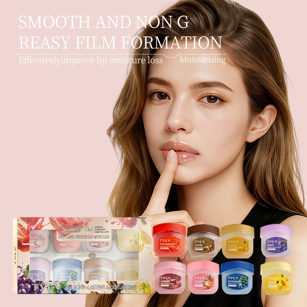 

8pcs Fruit Lip Balm Set with Brush, Moisturizing and Hydrating, Reducing Lip Lines, Portable and Adorable
