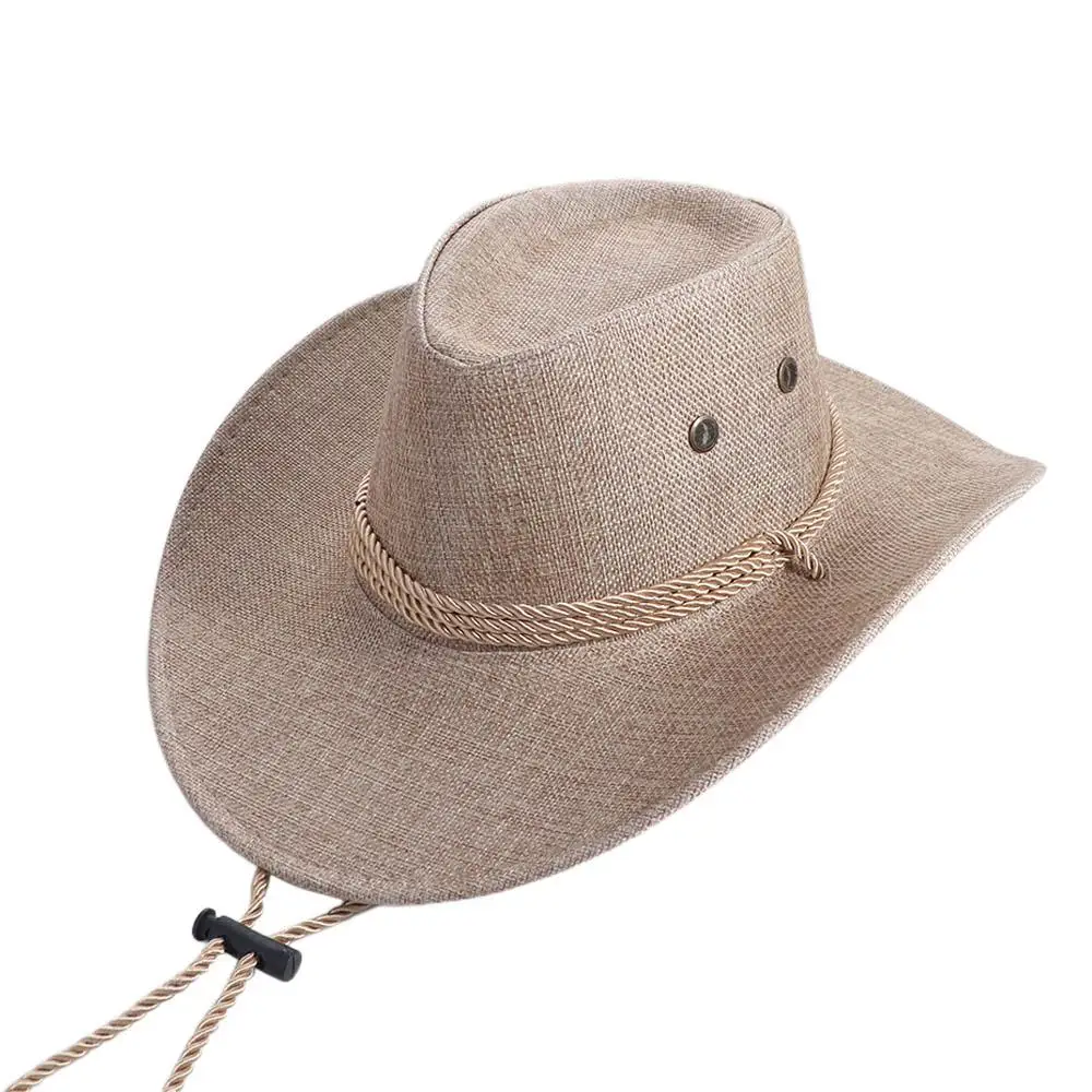 

Simple Linen Western Cowboy Hat Beach Cap Wide Brim Summer Sun Hat Sun Protection Cap Cycling Cap Beach Sunscreen Cap Men/Male