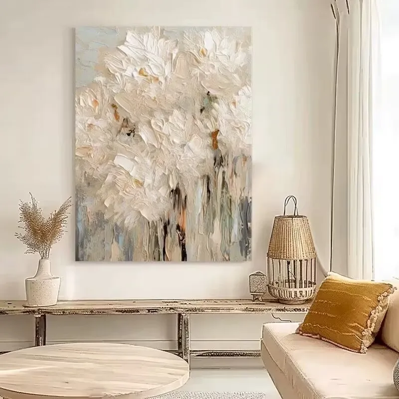 

Cream Style White Floral Texture Hanging Painting,Pure Hand Drawn Canvas Oil Painting,Living Room Art Hanging Painting,No Frame