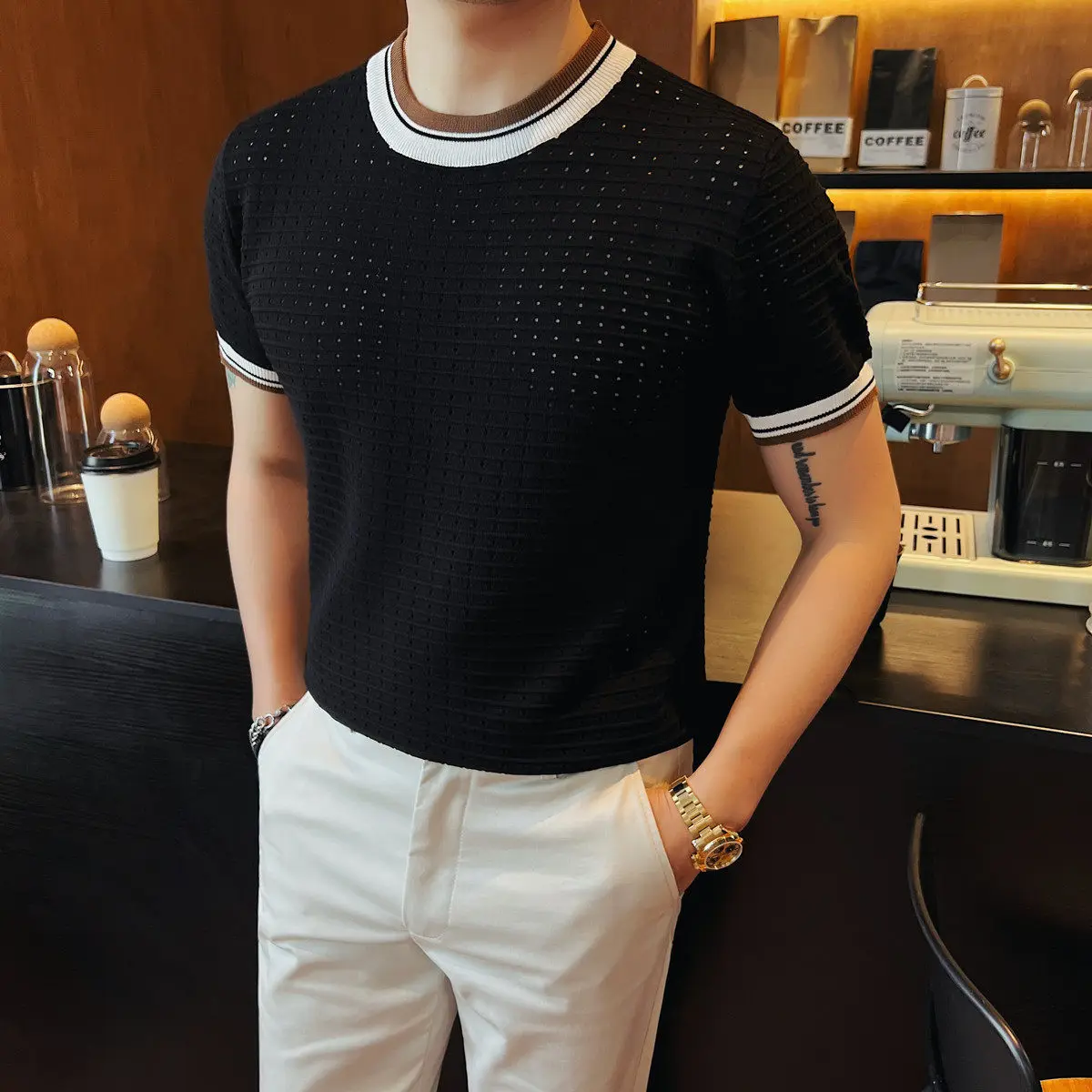 

Luxury Summer Round Neck Short Sleeved T-shirt for Men Slim Fit Knitted Hollow Out T-shirts Versatile Casual Business Top 2026