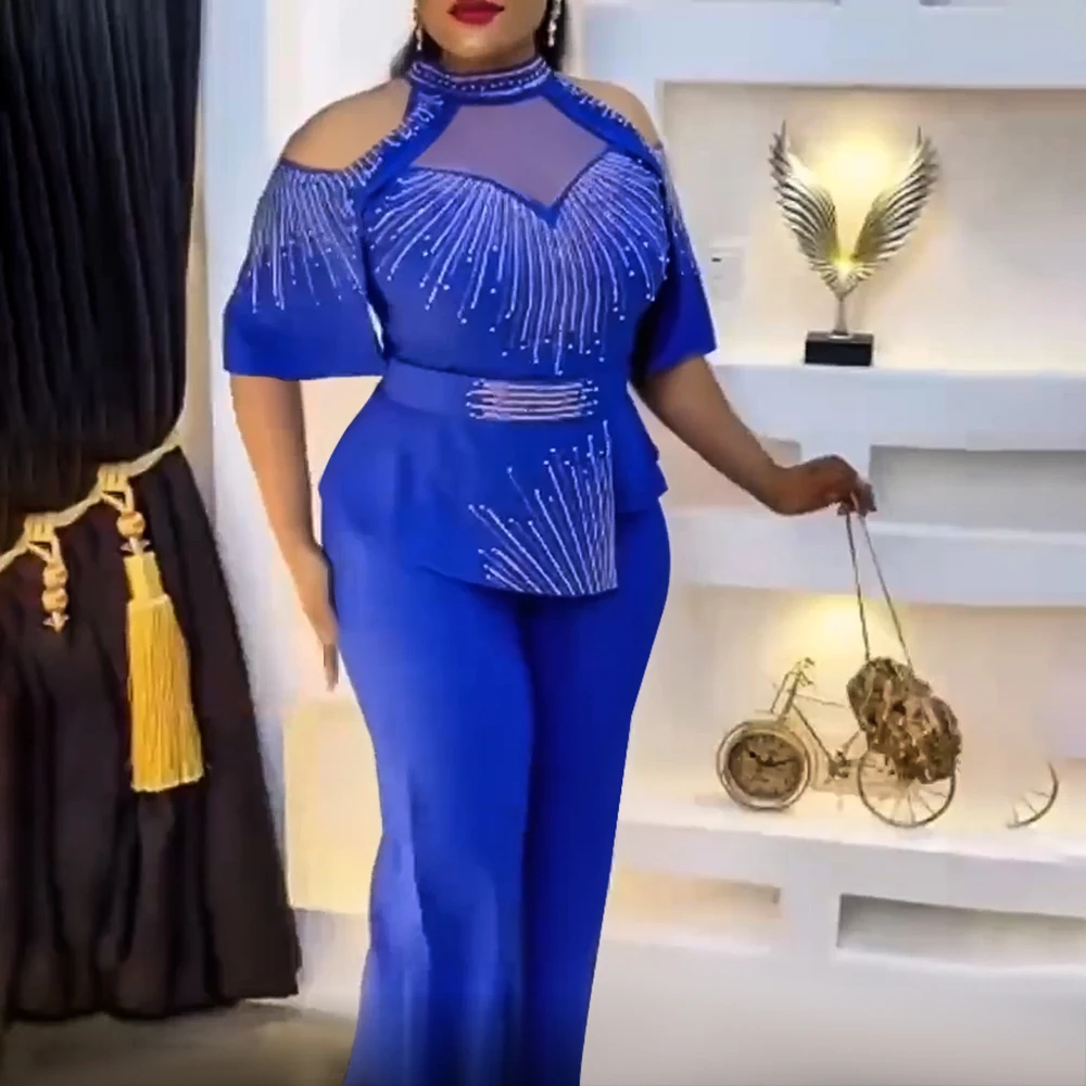Roupa de festa africana dashiki para mulheres, tamanho grande, roupas ankara, tops de diamante, calças, moda verão, conjunto de 2 peças, 2022