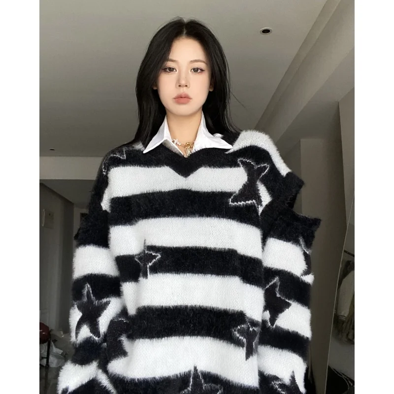 Deeptown Y2k Pink Striped Knitted Sweater Women Goth Vintage Jumper Korean Fashion Oversized Star Knitwear Aesthetic Harajuku