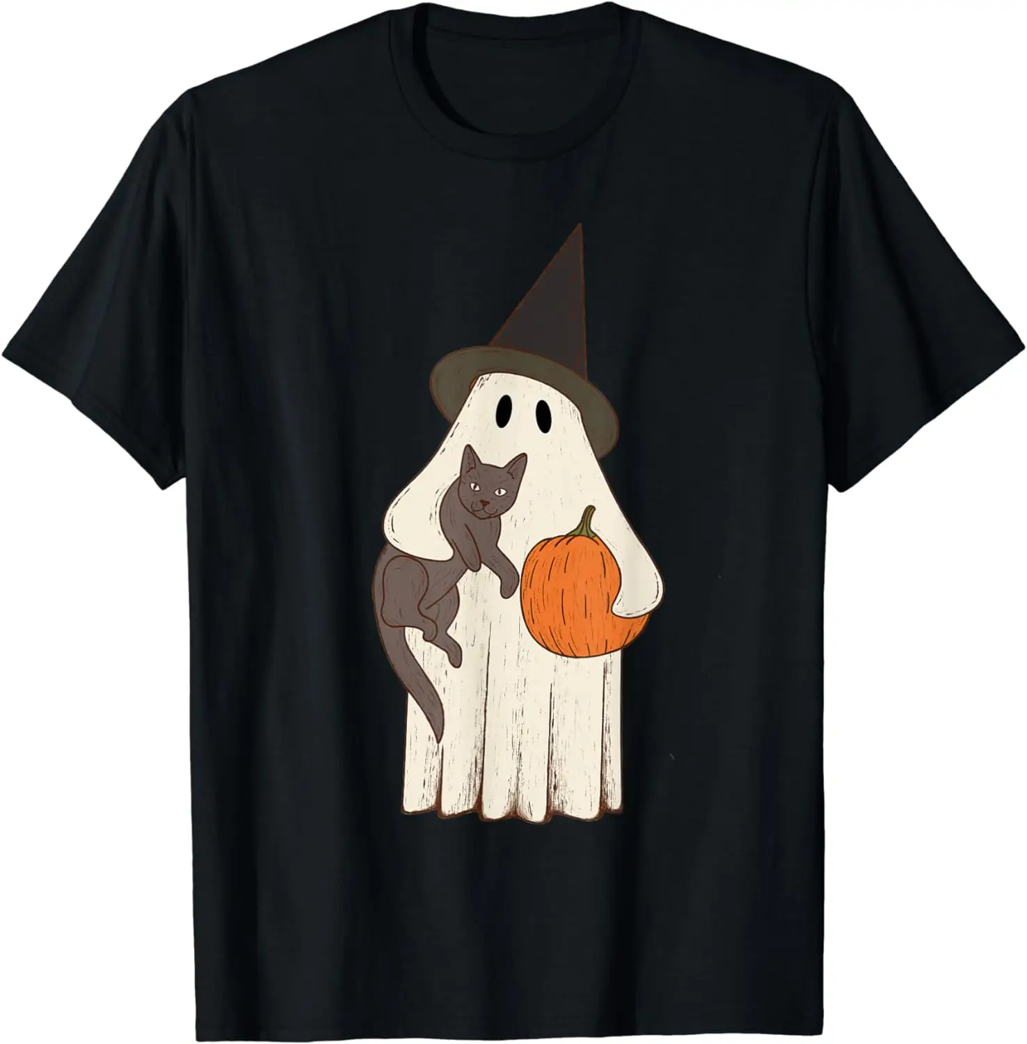 

2024 New Summer Retro Fun Ghost & Cat Halloween Graphic T-shirt