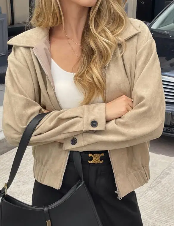 

Women's Jacket 2026 Spring and Autumn Slim Fit Solid Color, Collar, Suede Texture, Zipper Short Jacket Suitable for Commuting