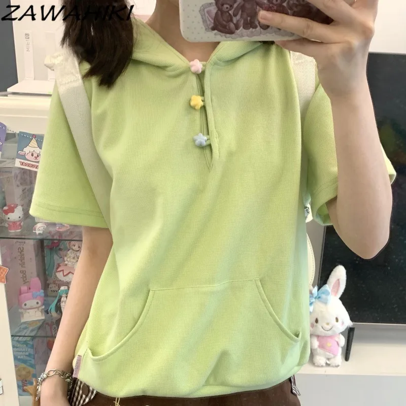 T Shirts for Women Solid Color Japanese Sweet Short Sleeve Loose Casual Fashion Vintage Versatile Hoodies Chic Designed Tops