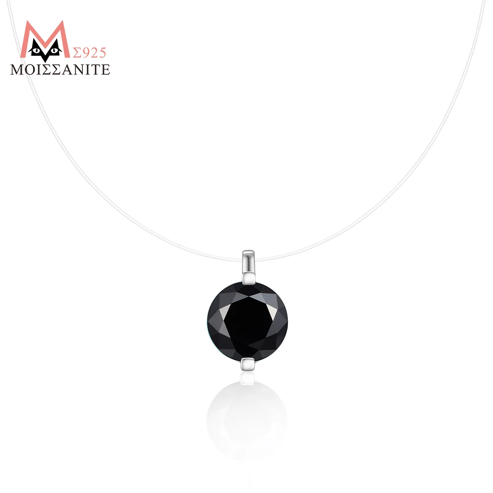 

JIUZUAN 05/1/2/3ct Round Black Moissanite Pendant Necklace S925 Silver Invisible Wire Minimalist Style Daily Necklace