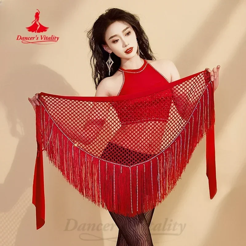 BellyDance Performance Belt for Women Senior AB Stones Triangular Fringe Mesh Hip Scarf Oriental Dance Competition Accessories