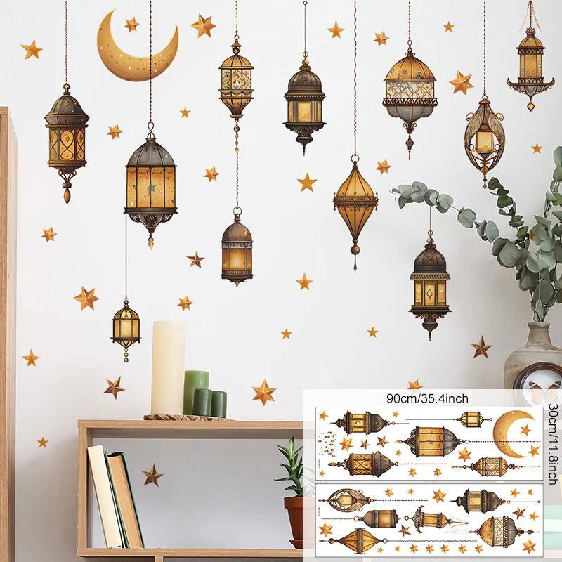 Ramadan Wall Stickers Moon Star Lantern DIY Wall Decal Ramadan Kareem Decoration For Home 2024 Islamic Muslim Mural Eid Mubarak