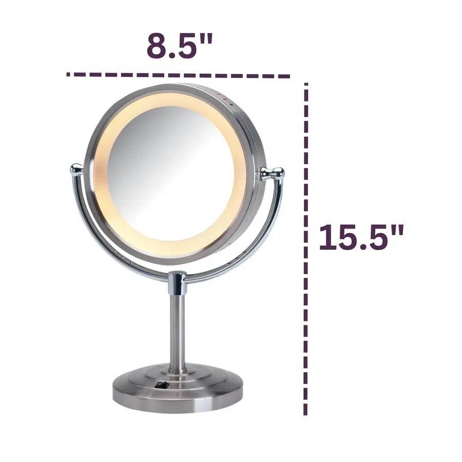 Espelho de maquiagem de mesa iluminado Espelho de vaidade iluminado por LED com ampliação 1X e 5X em acabamento em níquel Modelo HL745NC