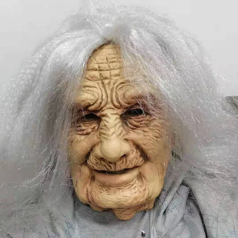 Halloween White-haired Old Lady Latex Mask Rave Party spaventoso nonna strega maschera realistica nonna Cosplay Costume Prop Cosplay