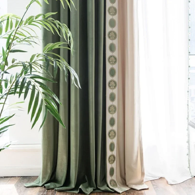 Curtains for Living Dining Room Bedroom Thick Velvet German Cotton Velvet Contrast Stitching Windows Door Kitchen Green Fresh