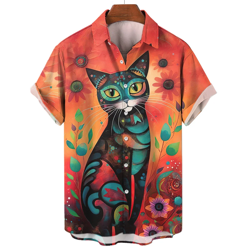 2024 Männer Hawaii hemd Katze drucken abstrakte Muster Kurzarm hemden lose übergroße Unisex Sommer Strand Freizeit hemd Tops