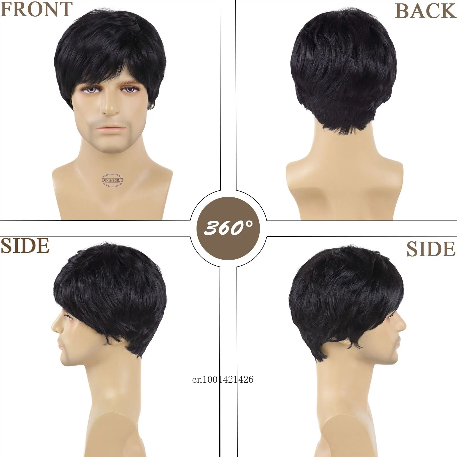 Synthetic Hair Black Color Short Wigs for Asain Men Natural Haircuts Cosplay Wig with Bangs Straight Costume Carnival Party Wigs