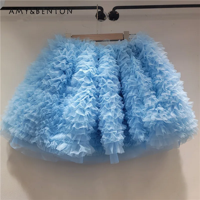 

2025 New Short French Style Blue Color Mini Skirts High-End Design Princess Ballet Style Puffy Mesh Cake Half Skirt For Girls