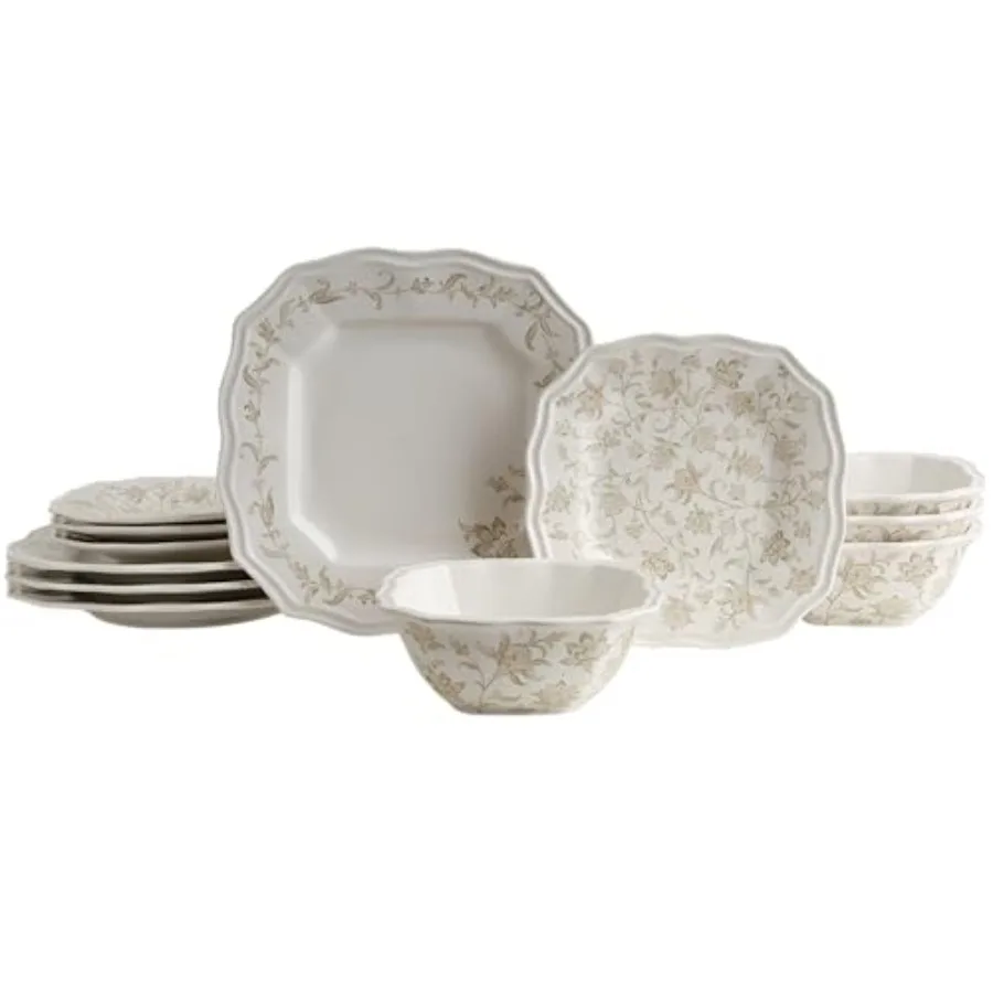 

Набор фарфоровой посуды из 12 предметов на 4 персоны: глянцевые кремовые тарелки и миски с бежевыми цветами, элегантный квадратный керамический набор для микроволновой печи