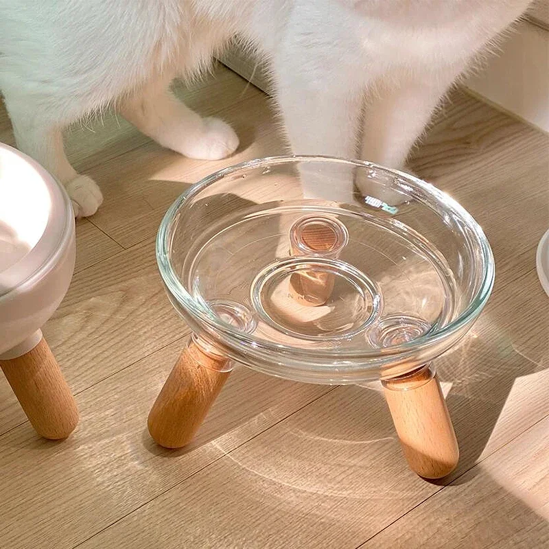 Ins Glass Cat Dog Bowl Increased Height To Protect Neck Drinking Water Large Diameter Luxurious Transparent Pet Feeding Bowl