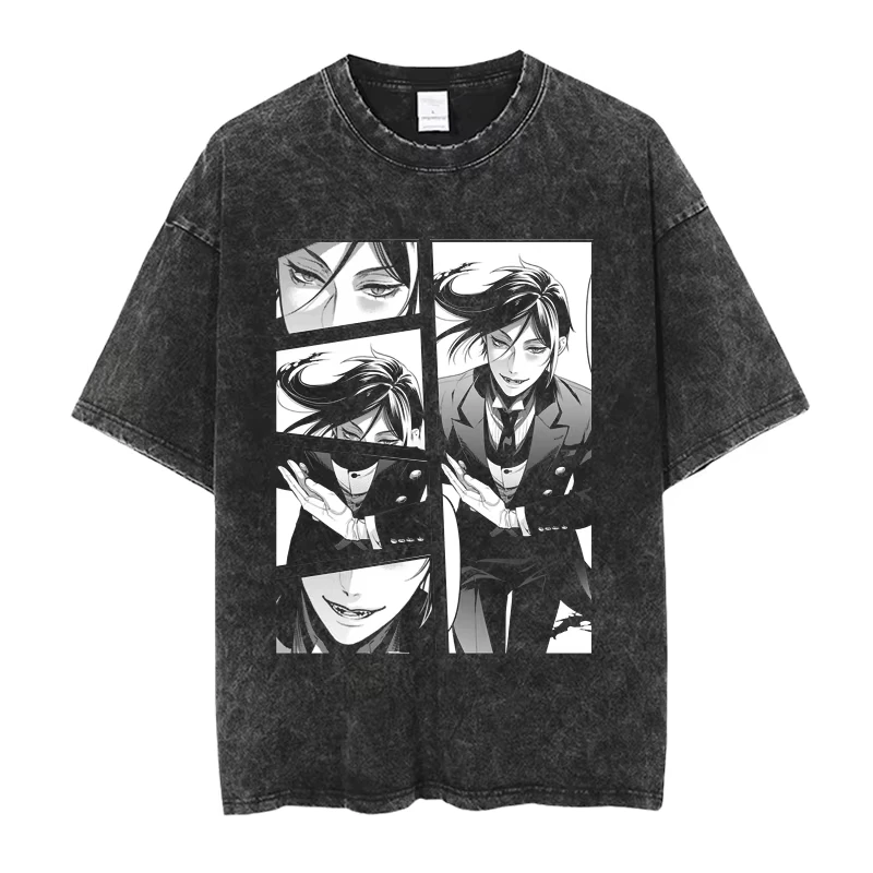 Anime Black Butler Michaelis Sebastian Cool Graphic Print Tee Unisex Men Women Manga Vintage Washed Cotton Streetwear Tops