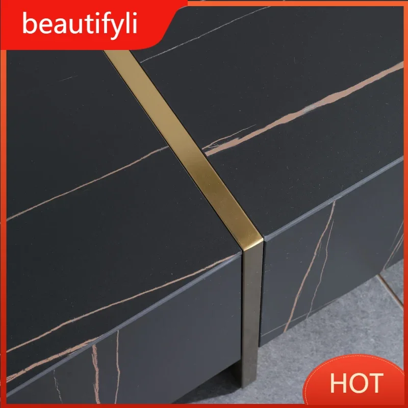 G8578 Black Stone Plate TV Cabinet Modern Light Luxury Household Storage Stainless Steel Marble Floor Cabinet
