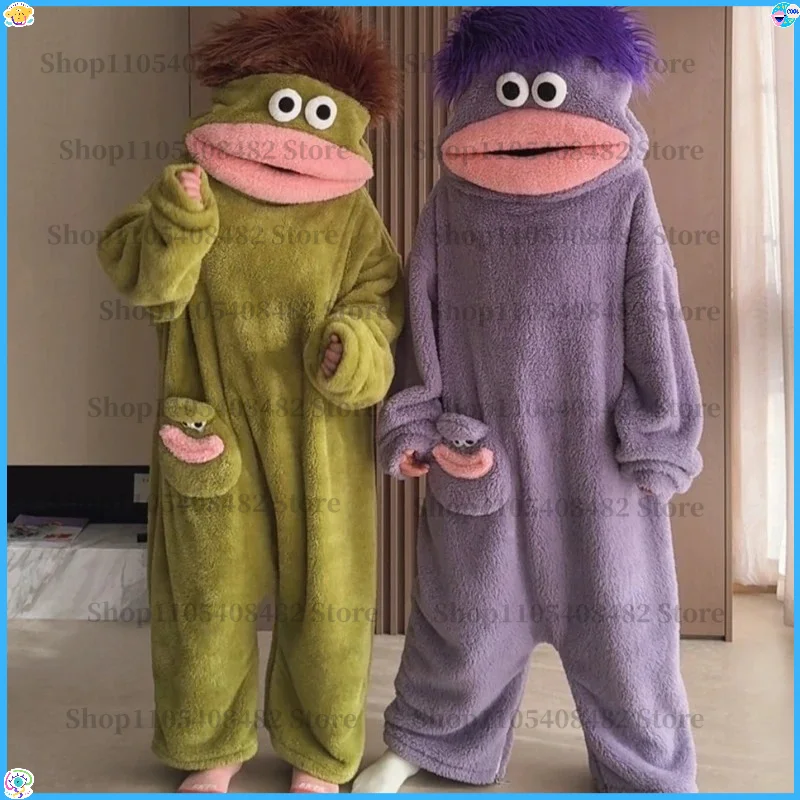 Pijama de una pieza de monstruo de boca grande genérico, de forro polar coral grueso para invierno, feo, lindo, divertido y cálido, para adultos, verde y azul claro