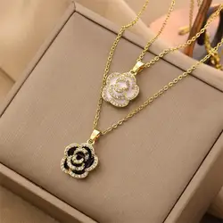 Classic French Fashion Luxury Huashan Camellia Pendant Titanium Steel Necklace Women's Banquet Jewelry Necklace