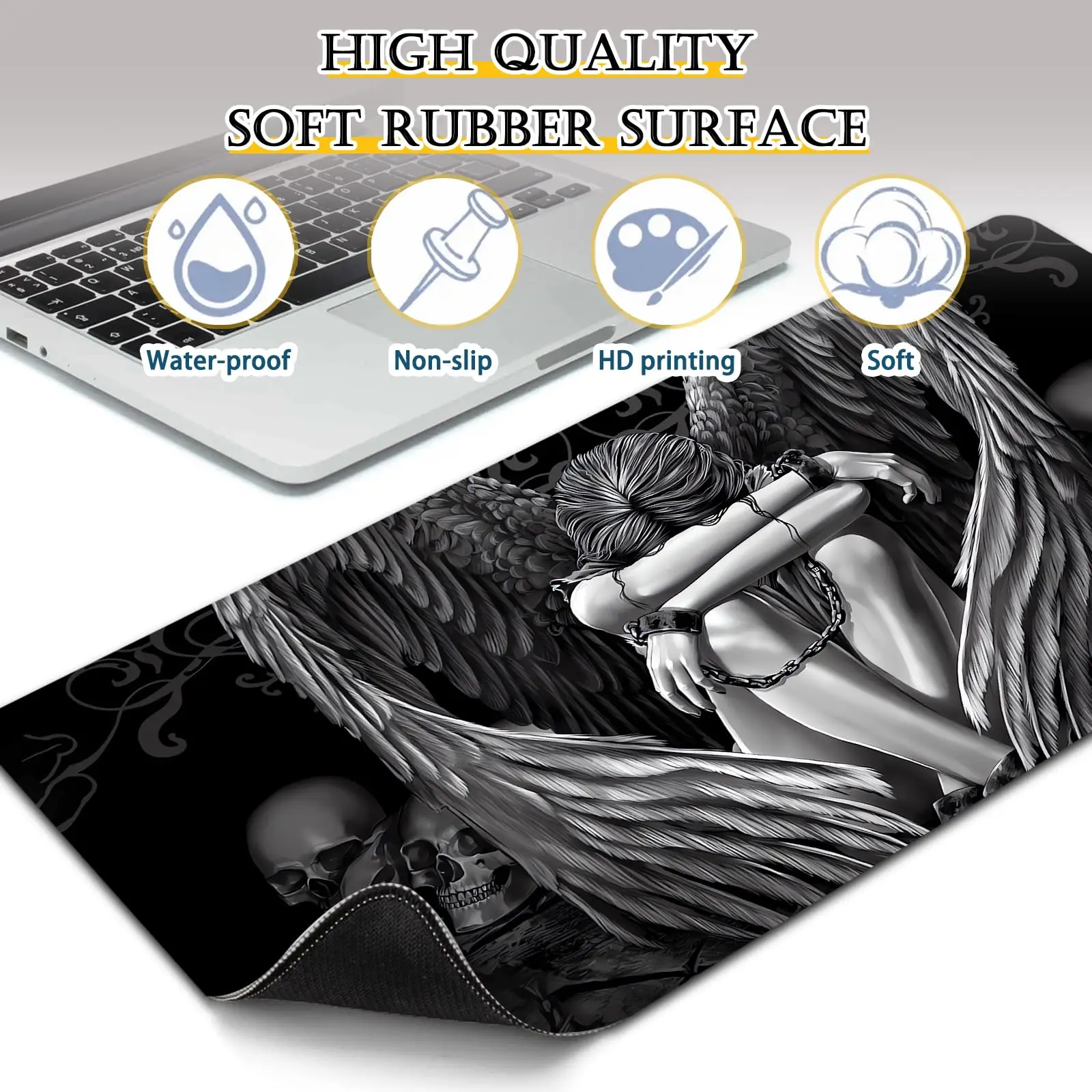 Large Mousepad Gaming Mouse Pad Gothic Angel & Skull for Office & Gamers Smooth Surface Non-Slip Waterproof XL Long Desk Mat