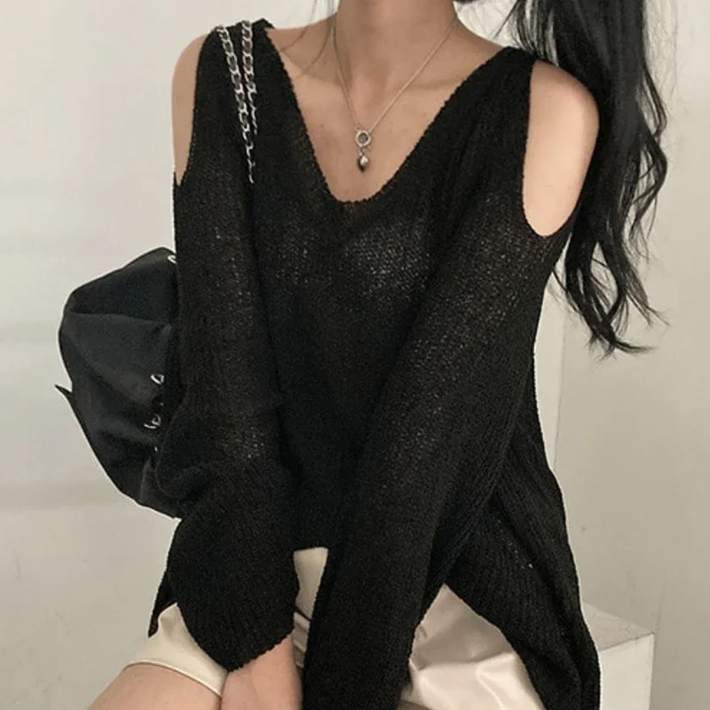 HELIAR Women Hollow Out Off Shoulder Sweater V-Neck Long Sleeve Loose Thin Jumpers Knit Streetwear Top Women 2024 Spring