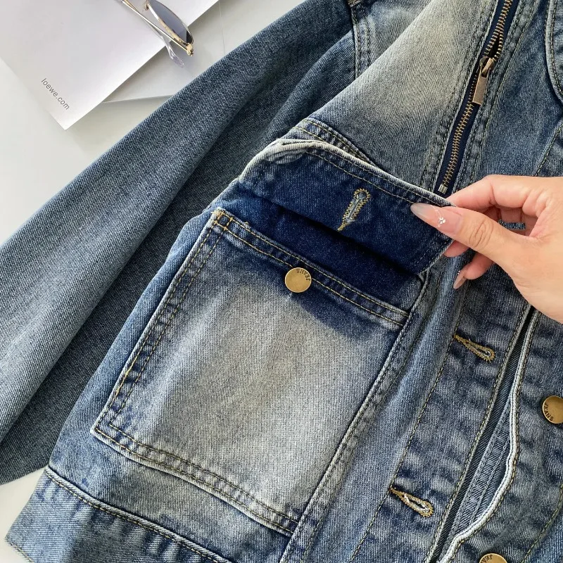 Casaco feminino denim casacos em torno do pescoço y2k streetwear jaquetas curtas trabalho casual solto elegante splice jaqueta 2025 outono inverno