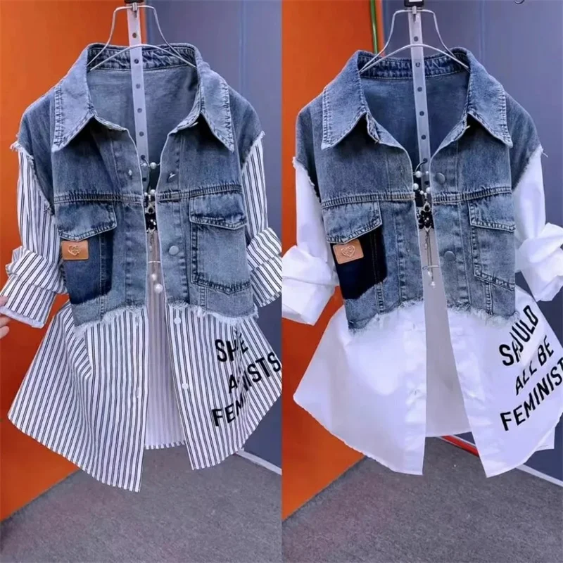 Fake Two Denim Shirts Women\'s Early Spring 2025 Korean Version Of Casual Western Style Joker Stitching Letter Striped Top