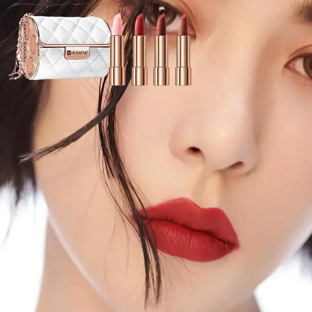 4 Pcs/Set Matte Shimmering Velvet Lipstick Long Lasting Make Up Set Creative Fashion Chain Bag Engraved Lipstick Gift