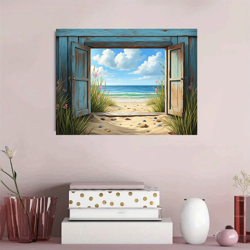 1PC-Canvas poster Unframed  Ocean View Through Rustic Window Beach Scene Canvas Art  summer