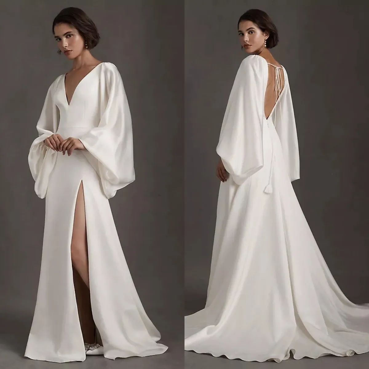 A Line Solid Wedding Dressess Backless Side Slit Bridal Gown Puff Long Sleeves Vestido De Novia Summer Beach Robes