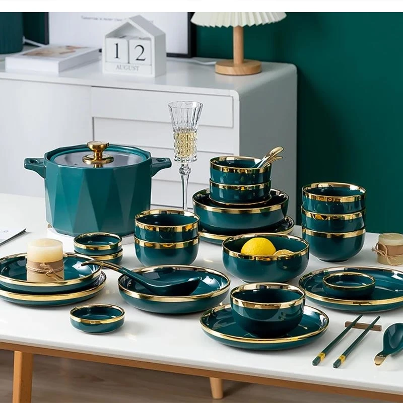 Nordic Ceramic Green Bowls and Plates Set Household Bowsl Dishes Light Luxury Combination with Golden Dinner