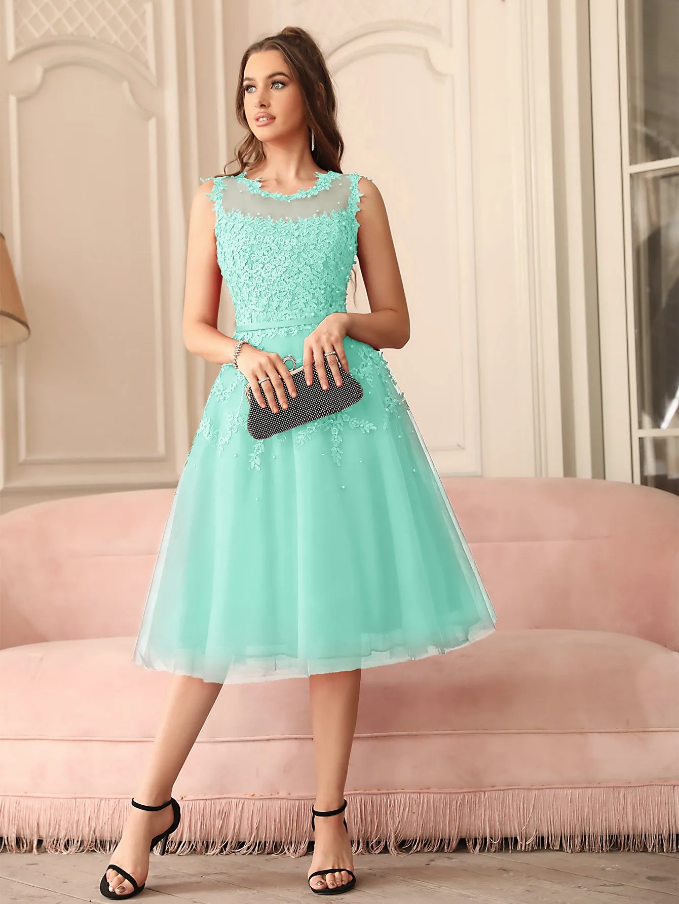 

New Elegant Tulle Evening Dress Appliques Flower Illusion With Sashes Beading Tea Length Formal Party Prom Gown Vestido De Gala