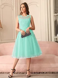 New Elegant Tulle Evening Dress Appliques Flower Illusion With Sashes Beading Tea Length Formal Party Prom Gown Vestido De Gala
