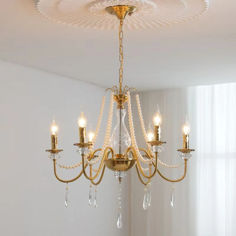 

French Luxury K9 Crystal Chandeliers Golden Wrought Iron Pendant Light Sliving Room Bedroom Hotel Pearl Ornament Hanging Lamps