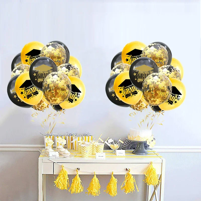 15/10pcs Graduation Decorations 2024 Black Gold Confetti Balloon for Congratulation School College Graduation Party Grad Gift