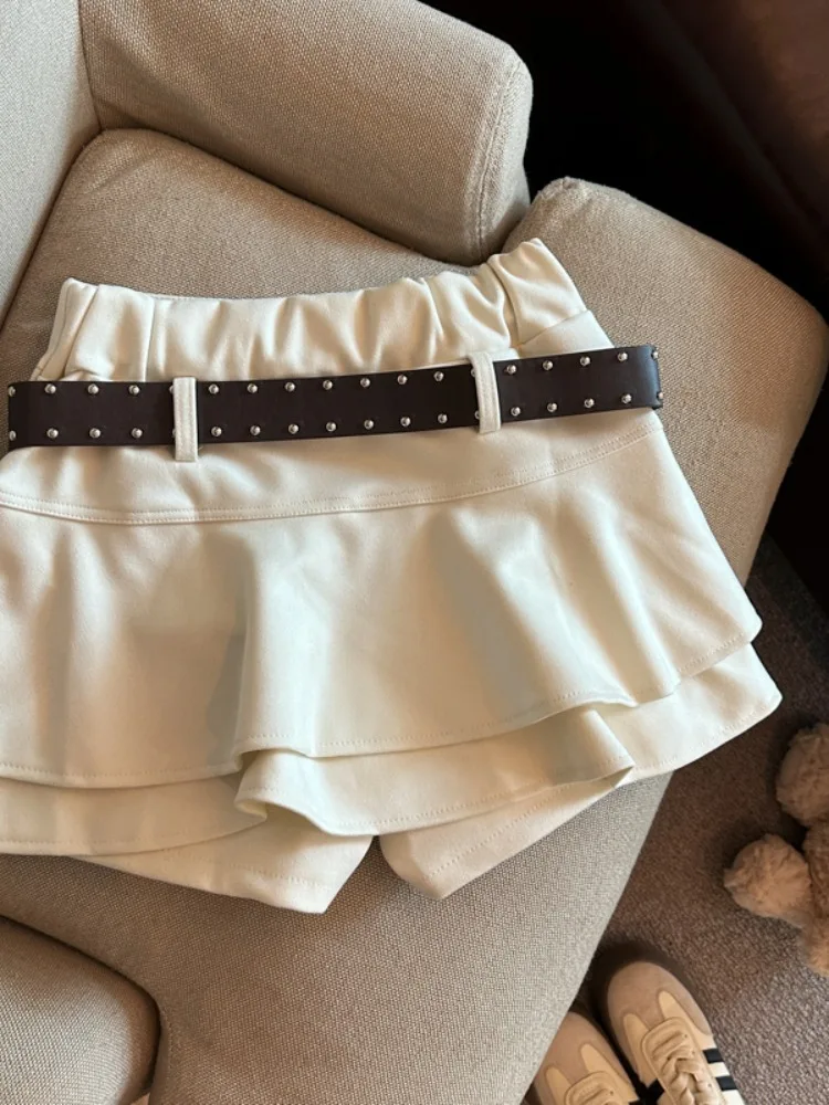 양모 하이웨이스트 케이크 스커트 여성용 가을 겨울 레이어드 레이스 A라인 스커트 안티라이트 스커트 팬츠 벨트 포함