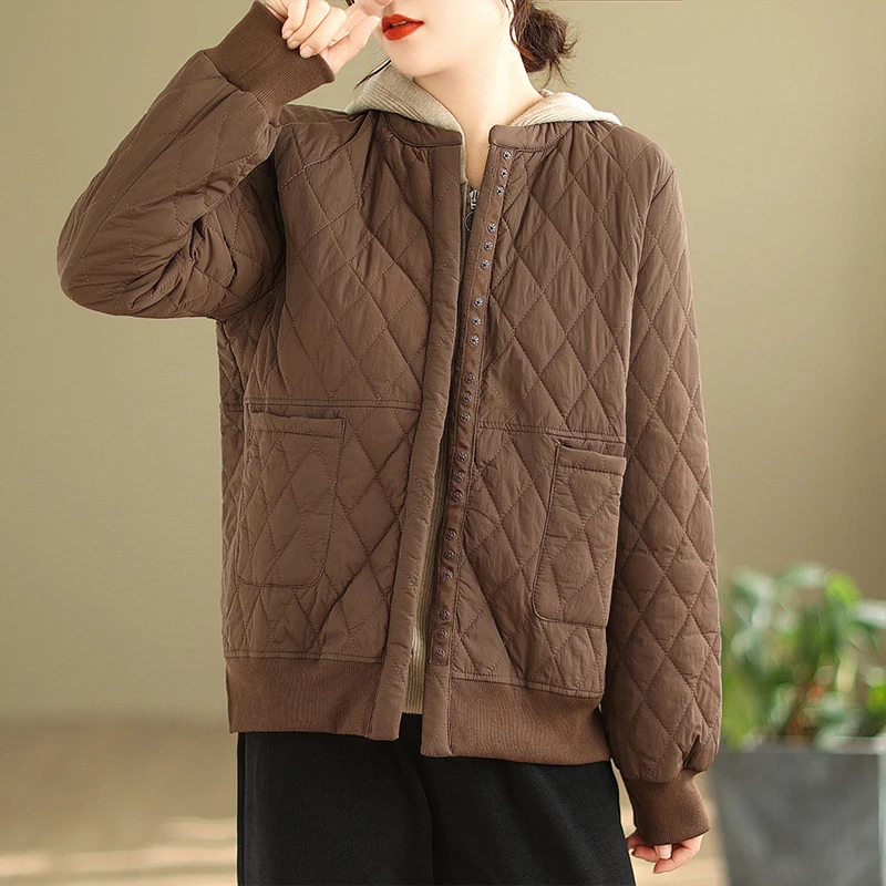 

Warm Lightweight Cotton Jacket Diamond Pattern Casual Loose Fit Pure Color Winter New Style Fashionable Anti-Aging Coat