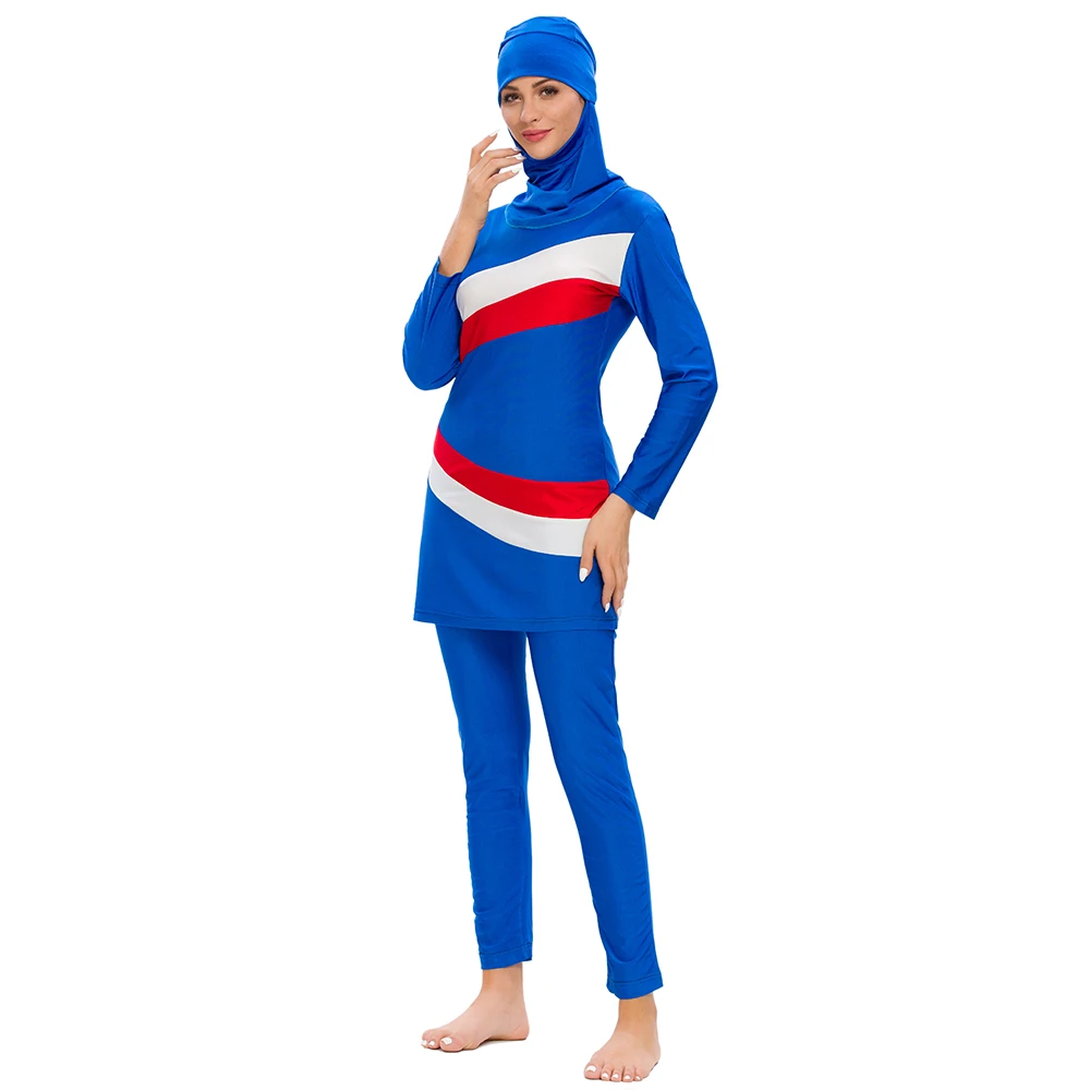 Burkini Muslim Badeanzug für Frauen, Slim Fit Bademode, Blaue Farbe Patchwork, Plus Größe S-3XL, 3PCs, Hohe Qualität