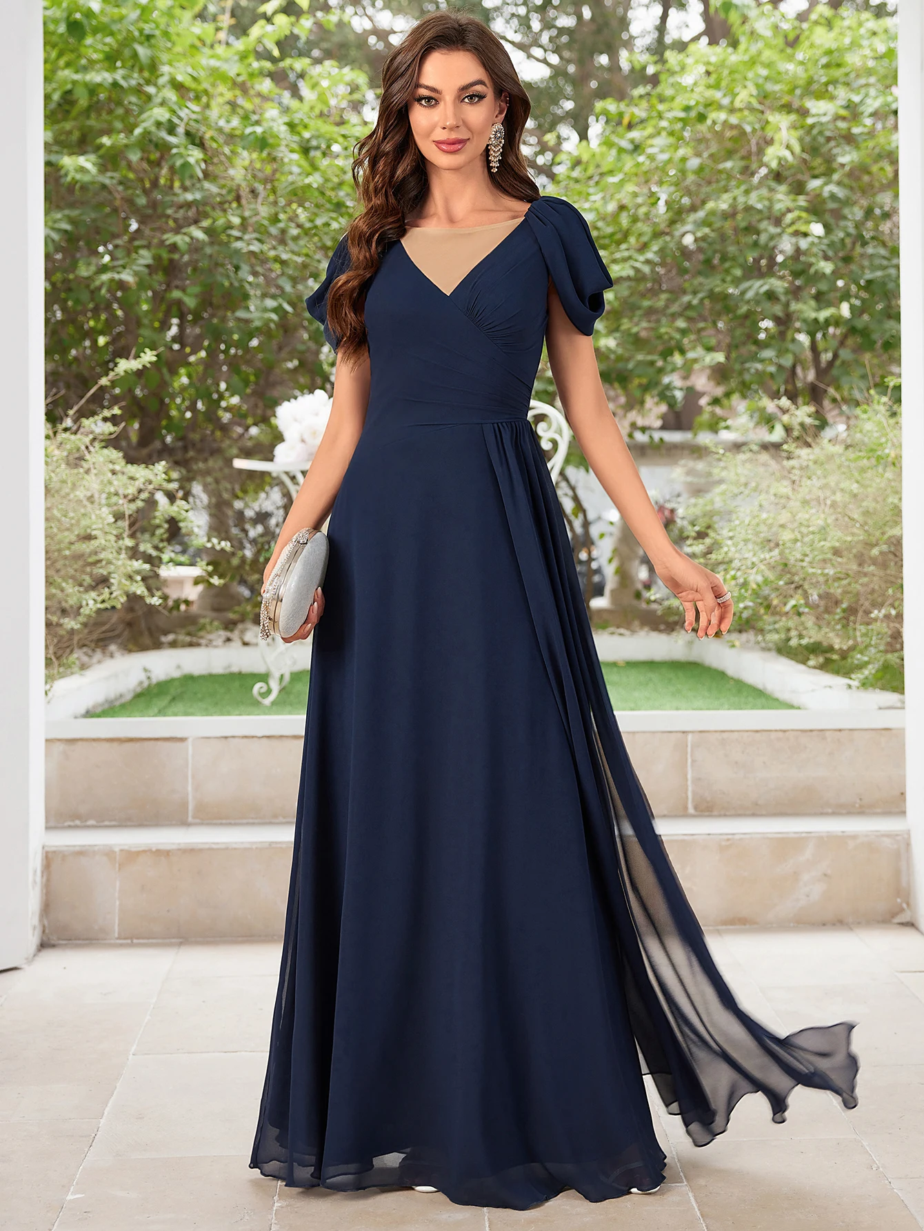 Unithorse  Ruched Bust Chiffon Cold-Shoulder Wrap Bridesmaid Dress