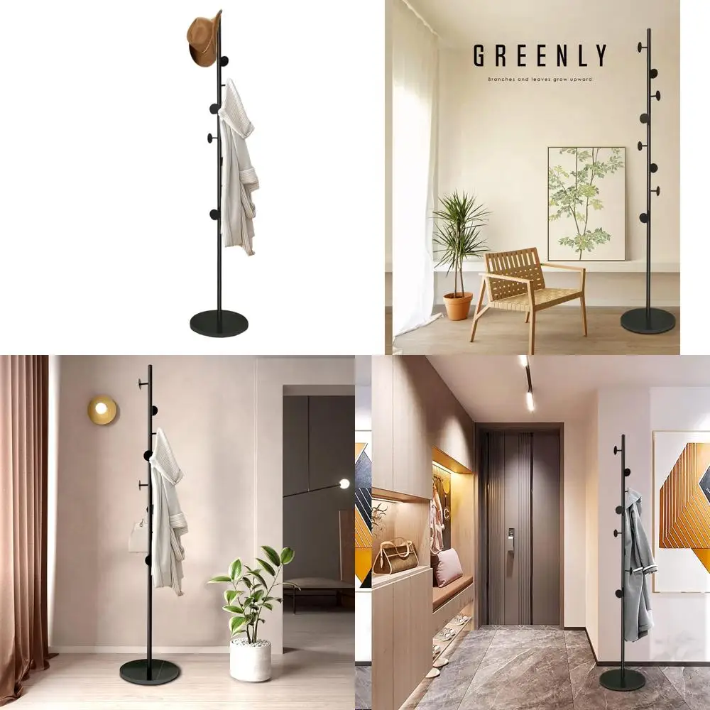

Metal Freestanding Coat Tree with 8 Hooks, Black Hat & Scarf Rack for Entryway and Bedroom